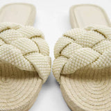 New Women's Slippers White Pearl Woven With Cotton And Linen Flat Bottom Outdoor Simple Versatile Soft Sole Sandals