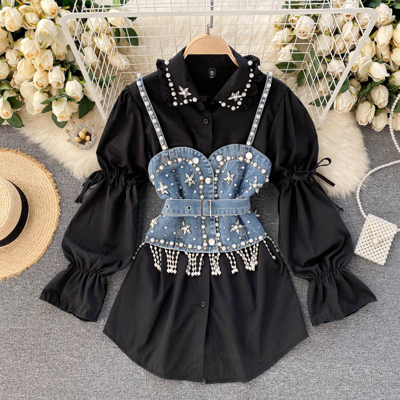 Spring New Blouse Women's Diamond Beaded Puff Sleeve Blusa Top Tassel Pearl Sling Waistcoat Two-piece Stacking Shirt C813