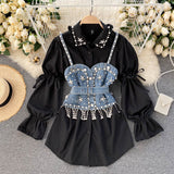 Spring New Blouse Women's Diamond Beaded Puff Sleeve Blusa Top Tassel Pearl Sling Waistcoat Two-piece Stacking Shirt C813