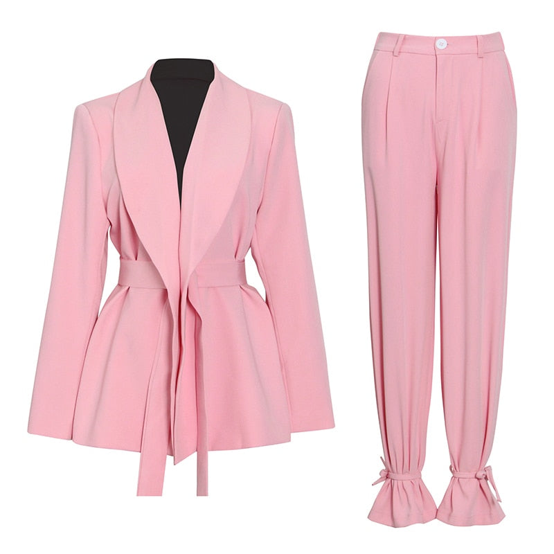 woloong  Solid Color Korean Two Piece Set Women Blazer High Waist Belt Lace-up Straight Pants Suits Female Fashion New