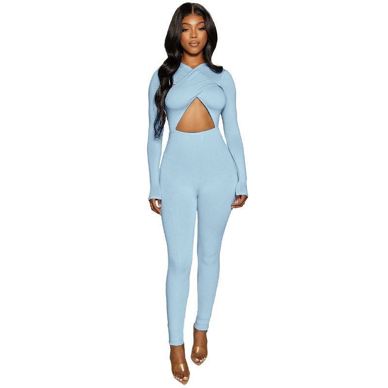 goosudu Solid Hollow Out Revealing Long Sleeves Slim Bodycon Jumpsuit Summer Women Fashion Sexy Sport Party Club Robe Y2K