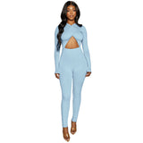 goosudu Solid Hollow Out Revealing Long Sleeves Slim Bodycon Jumpsuit Summer Women Fashion Sexy Sport Party Club Robe Y2K