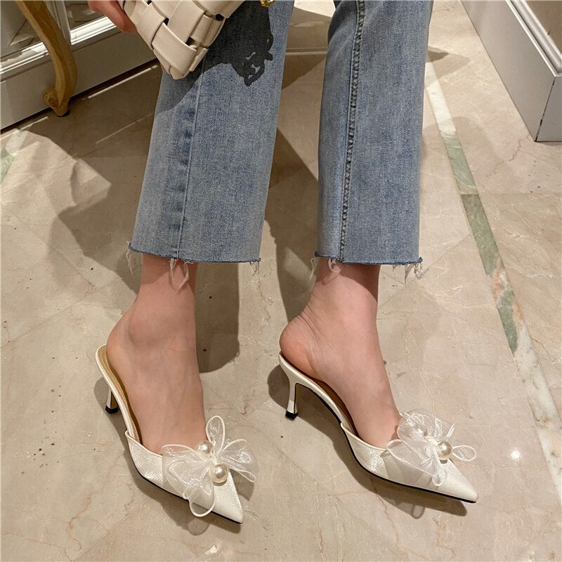 woloong New Baotou Half Drag Thin Heel Bow Sandals Pointed Pearl High Heel Muller Shoes