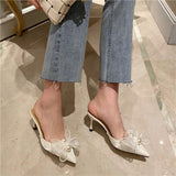 woloong New Baotou Half Drag Thin Heel Bow Sandals Pointed Pearl High Heel Muller Shoes