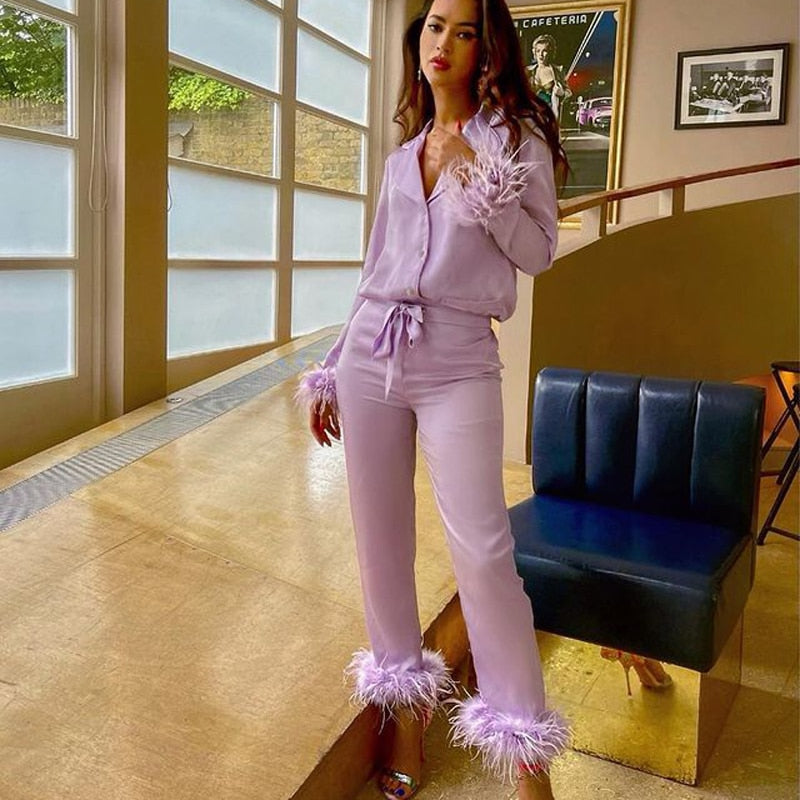 Trendy Women Pajamas Set Autumn Casual Lapel Tops + Feather 2Pcs Pants Suits Sexy Lingerie Nightwear Silk Satin Pyjamas pjs Suit