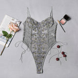 Ellolace Floral Embroidery Bodysuit Women Lace Up Bandage Bodies Sexy Sleeveless Bodycon Transparent Lingerie Mesh Bodysuits Top