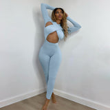 goosudu Solid Hollow Out Revealing Long Sleeves Slim Bodycon Jumpsuit Summer Women Fashion Sexy Sport Party Club Robe Y2K