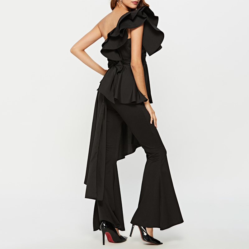 White Patchwork Ruffle T Shirt For Women Skew Collar Sleeveless Irregular Hem Slim T Shirts Female Fashion New