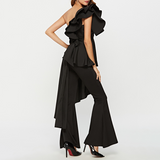 White Patchwork Ruffle T Shirt For Women Skew Collar Sleeveless Irregular Hem Slim T Shirts Female Fashion New