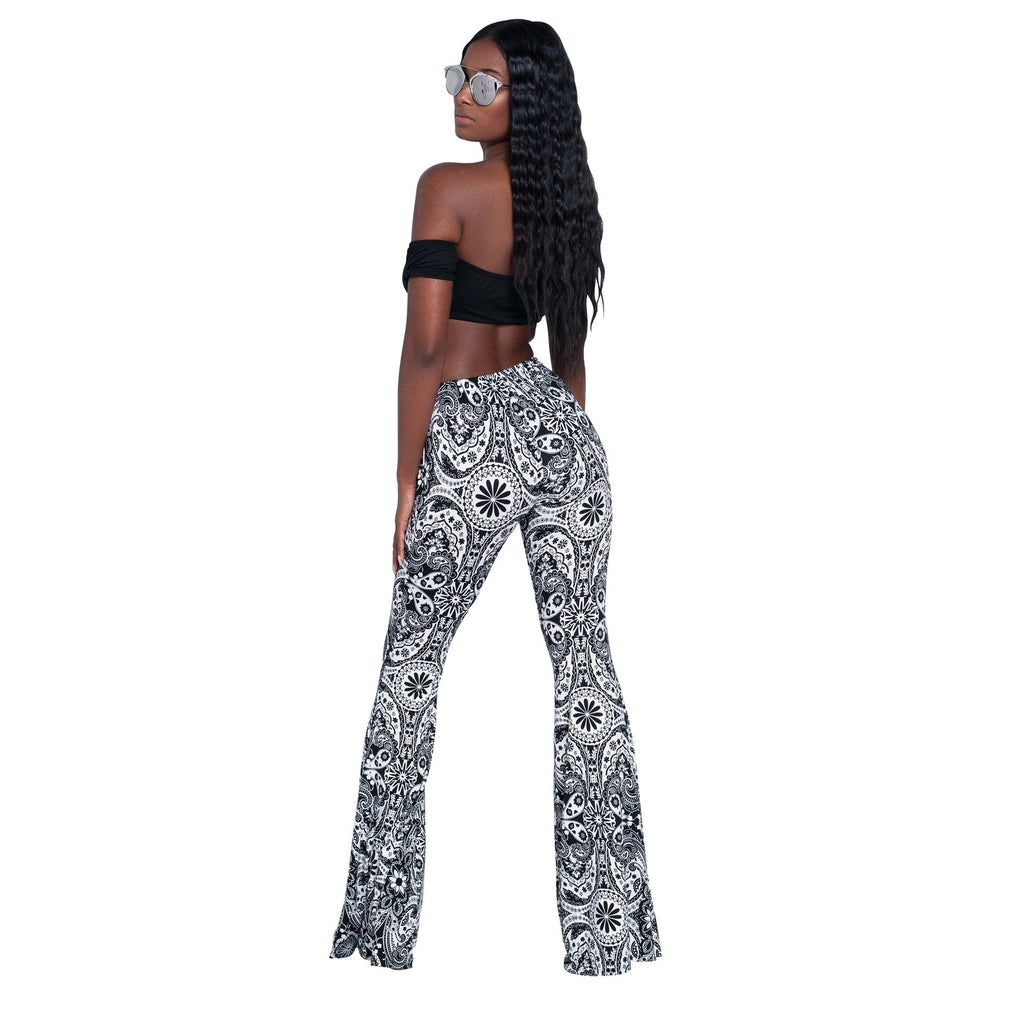 goosudu Summer New Women High-Waist Stretch-Print Trousers Wide-Leg Loose-Fitting Trousers Sexy Flared Pants Bottom Casual Leggings