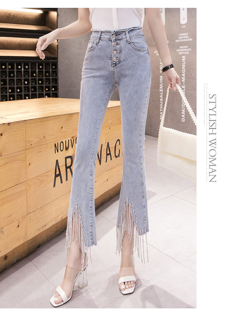 woloong spring new Flare Set auger Jeans Woman Denim Trousers Vintage Women Clothes Fall High Waist Pants Stretchy Jeans