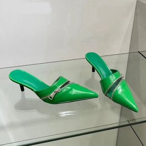 woloong  Summer New Women Slipper Fashion Brand Zipper Pointed Toe Slip On Ladies Elegant Mules Shoes Thin High Heel Slide