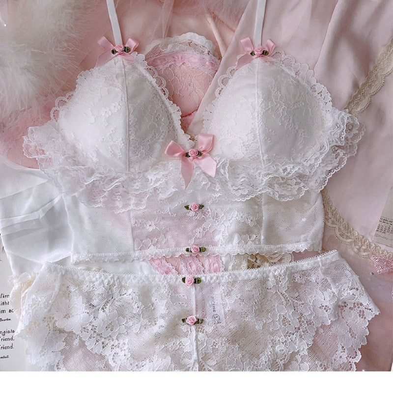 goosudu Sexy pure desire underwear sets outerwear thin white lace lingerie and panties suit cute no steel ring girl bra set