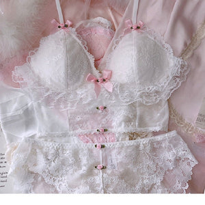 goosudu Sexy pure desire underwear sets outerwear thin white lace lingerie and panties suit cute no steel ring girl bra set