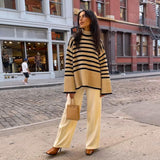 Winter Women’s Long Sleeves Knit Sweater Turtleneck Striped Print Loose Pullover Tops New Autumn Oversized Sweater