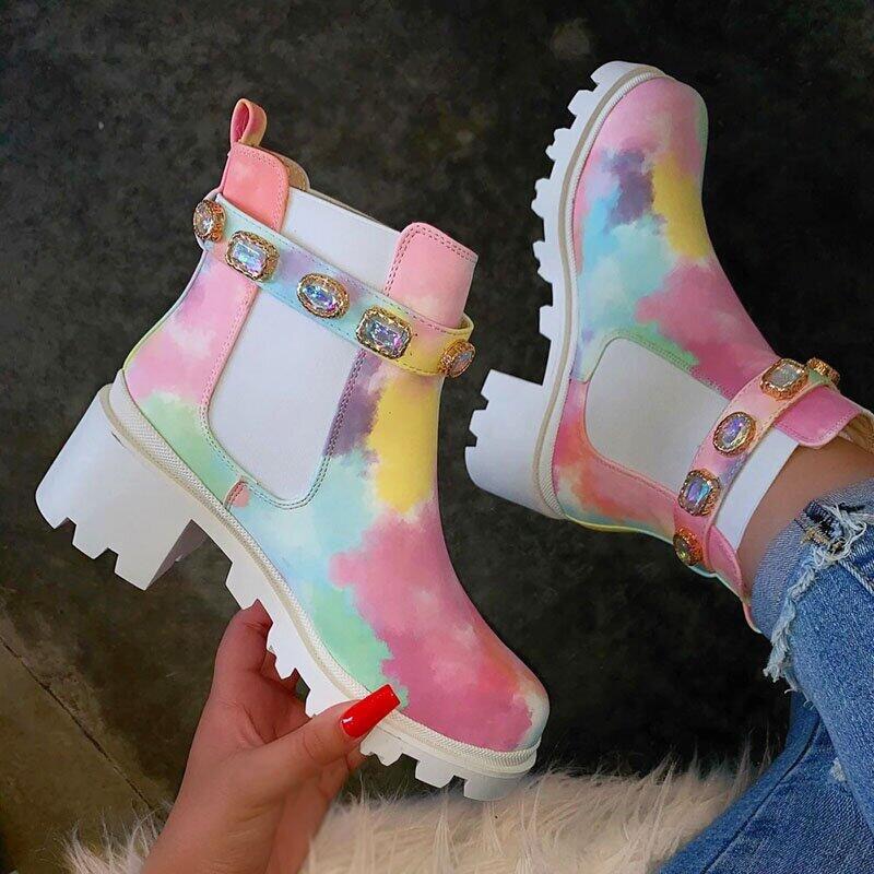 woloong  New Women Ankle Boots Crystal Rhinestone Slip On Platform PU Leather Women's Booties Spring Autumn Females Footwear Plus Si