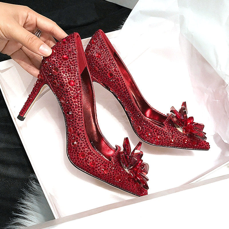 woloong  Newest  Cinderella Shoes Rhinestone High Heels Women Pumps Pointed toe Woman Crystal Party Wedding Shoes 5cm/7cm/9cm