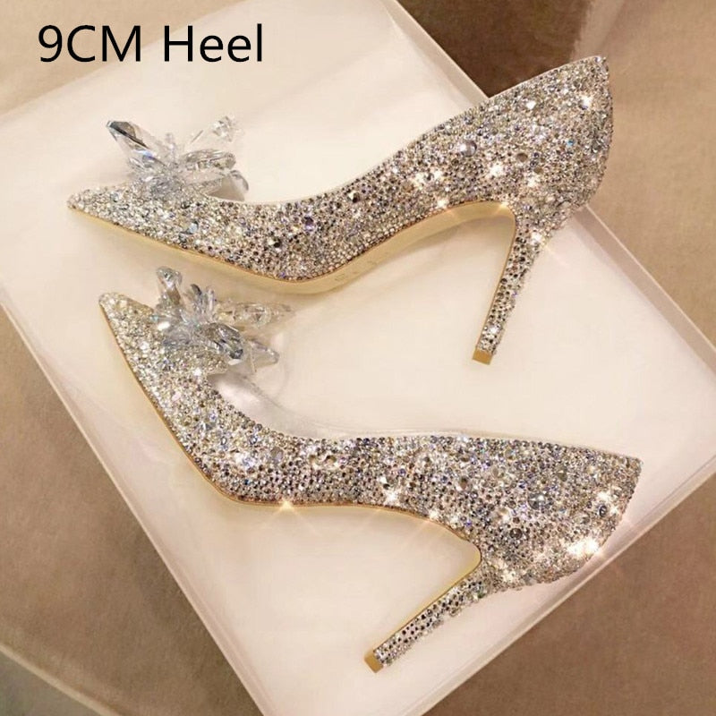 woloong  Newest  Cinderella Shoes Rhinestone High Heels Women Pumps Pointed toe Woman Crystal Party Wedding Shoes 5cm/7cm/9cm