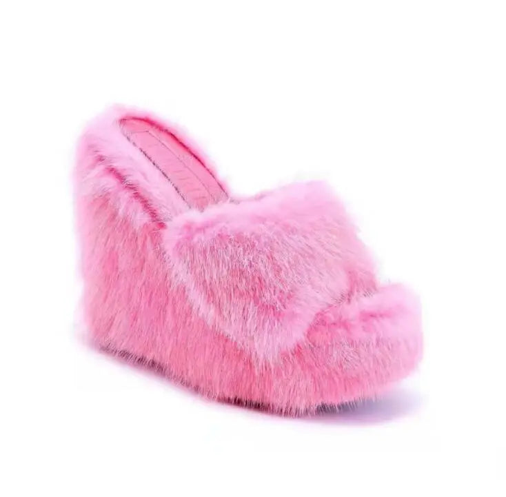 Luxury new women feminine high-heeled fur drag outdoor all-match shoes slippers round head wedges with mink fur ms slippers