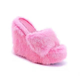 Luxury new women feminine high-heeled fur drag outdoor all-match shoes slippers round head wedges with mink fur ms slippers