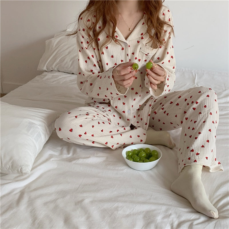 goosudu Cotton Pajamas Set Comfortable Long Sleeve Lovely Sweet Leisurewear Home Suit Spring Sleepwear Soft Korean Heart Print Kawaii