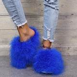 New Faux Fox Fur Slippers Women's Furry Warm Flip Flops Fullfy Raccoon Fur Slides Flat Comfortable Home Shoes Plus Size Couple