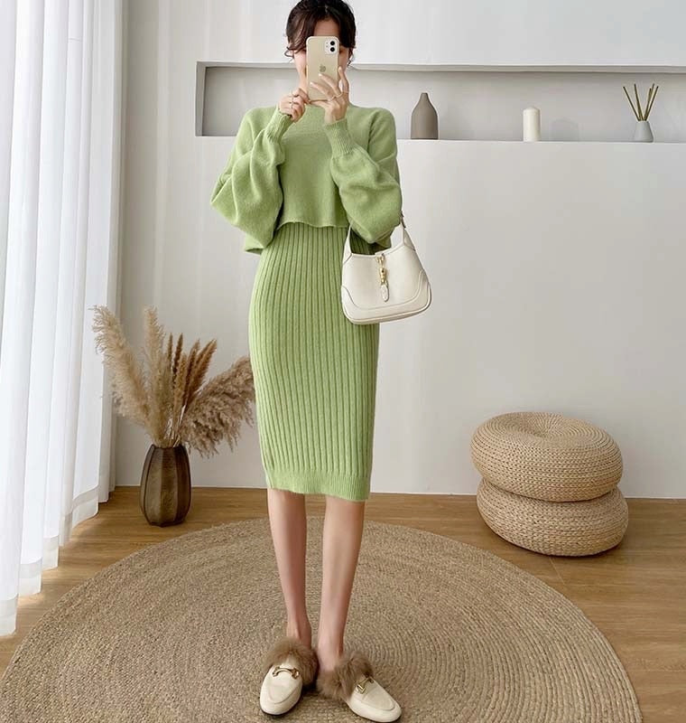 New Fall/Winter Bat Sleeve O-Neck Soft Sweater  + Women's Knitted Vest Long Dress Two-Piece Dress Sets Femme