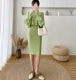 New Fall/Winter Bat Sleeve O-Neck Soft Sweater  + Women's Knitted Vest Long Dress Two-Piece Dress Sets Femme