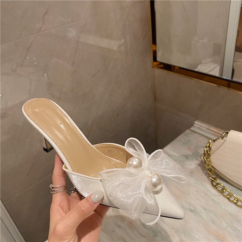 woloong New Baotou Half Drag Thin Heel Bow Sandals Pointed Pearl High Heel Muller Shoes