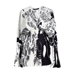 Causal Blouses For Female V Neck Flare Long Sleeve High Wiast Pleated Women Shirts Clothes Fashion  Spring New