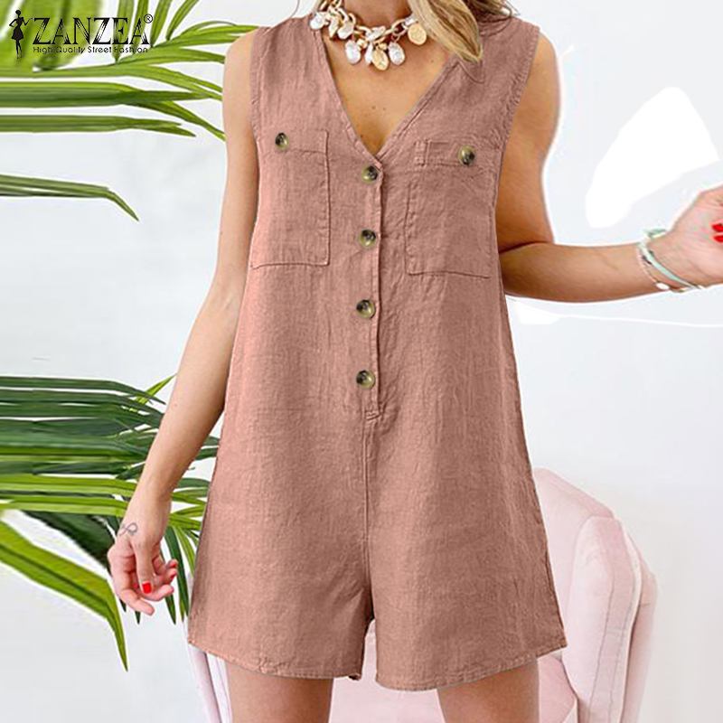 goosudu  Stylish Women V Neck Sleeveless Rompers Summer Jumpsuits Short Playsuits Casual Solid Loose Beach Overalls Oversized