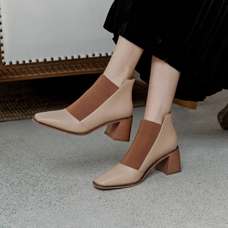 woloong  Fashion Comfortable Genuine Leather Women's Ankle Boots Elegant Square Toe Thick Heels Pumps Party Casual Shoes Woman New