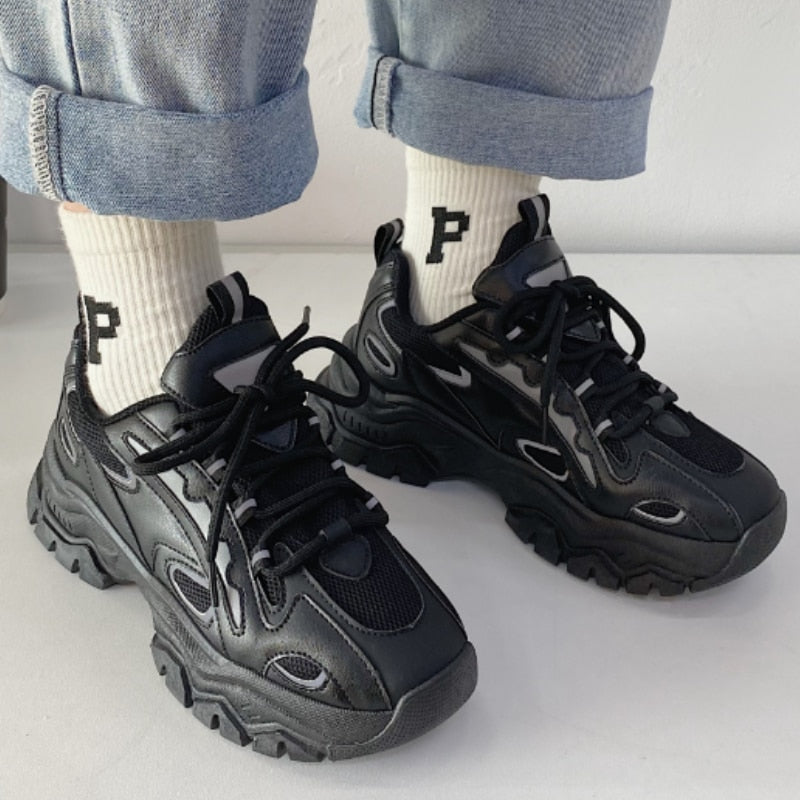 woloong  Spring New Reflect Vulcanize Shoes Light Platform Daddy Shoes Woman Harajuku Joker Wind Sneakers for Female Casual Shoes