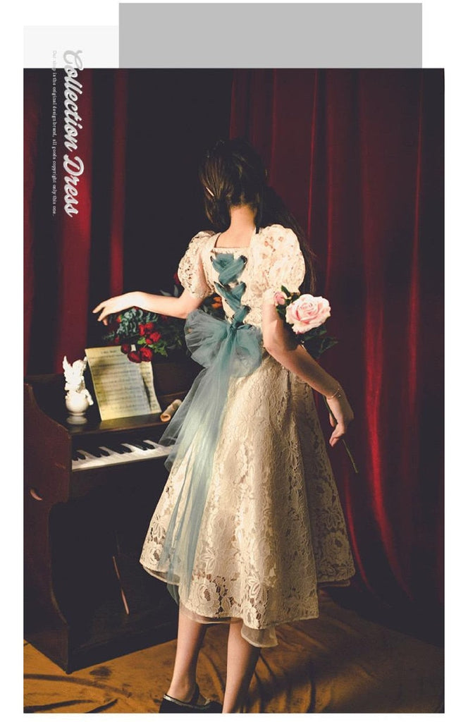 woloong New Court Retro Style Dress Women Bowknot A-Line Elegant Lace Fairy High Waist French Vintage Dress Wedding Events