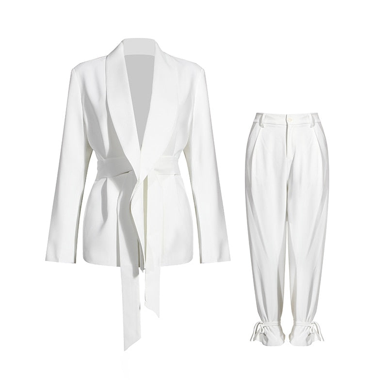 woloong  Solid Color Korean Two Piece Set Women Blazer High Waist Belt Lace-up Straight Pants Suits Female Fashion New