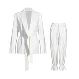 woloong  Solid Color Korean Two Piece Set Women Blazer High Waist Belt Lace-up Straight Pants Suits Female Fashion New