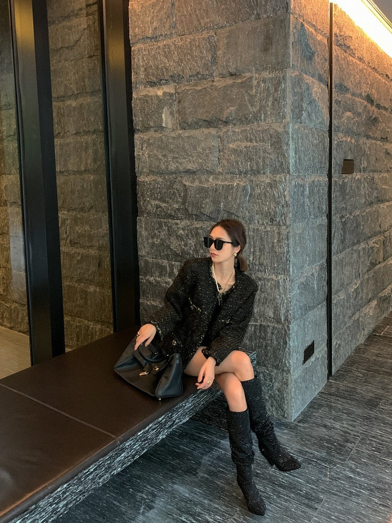 woloong New Crystal Shoes Woman Pointed Toe Over Knee High Boots Sexy Rhinestone Chunky Spike Heel Boots Ladies Shoes Botas Mujer