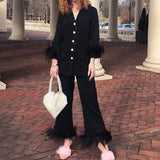 Sleepwear for Women New Cute Silk Cotton Light Luxury Ostrich Wool Pajamas Two-Piece Set Solid Color Home Suit