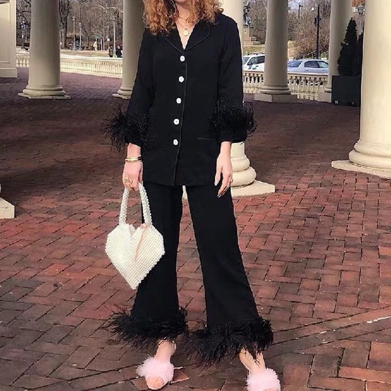 Sleepwear for Women New Cute Silk Cotton Light Luxury Ostrich Wool Pajamas Two-Piece Set Solid Color Home Suit