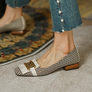 woloong  New Genuine Leather Women Shoes Fashion Tassel Beads Spring Pump Square Toe Slip-On Casual Shoes Thick Heel Size 35-42 Handmade