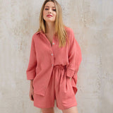 Cotton Pajamas For Women Sets Suit Casual Sleepwear Turn-Down Collar Nine Quarter Sleeve Sleep Tops Shorts Female Homewear