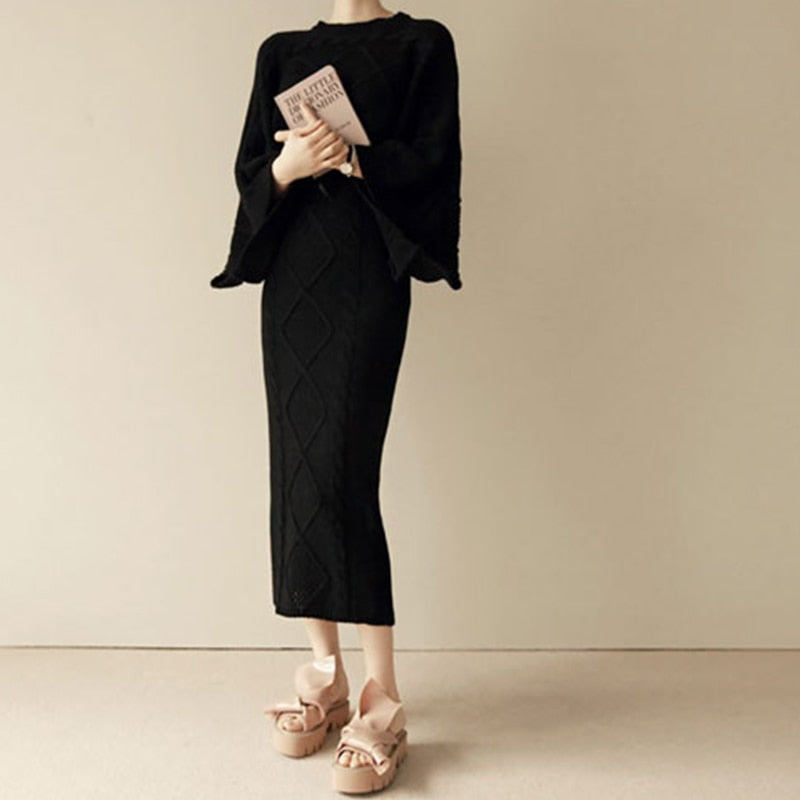 goosudu High Quality Autumn Winter Women Knitted 2 Piece Set  Batwing Sleeve Loose Tops+Slim Bodycon Skirt Female Sweater Suits