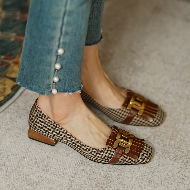 woloong  New Genuine Leather Women Shoes Fashion Tassel Beads Spring Pump Square Toe Slip-On Casual Shoes Thick Heel Size 35-42 Handmade