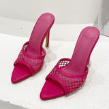 woloong New Sexy Pointed Head Peep Toe High Heel Mesh Slippers Summer Fashion Slip On Thin Heels Slides Women Mules Party