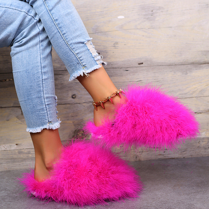 New Faux Fox Fur Slippers Women's Furry Warm Flip Flops Fullfy Raccoon Fur Slides Flat Comfortable Home Shoes Plus Size Couple