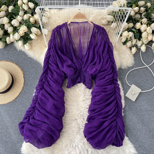goosudu  Summer Sexy Draped Chiffon Blouse For Women Elegant V-Neck Puff Long Sleeve Short Tops Female Slim Party Shirts  New Fashion