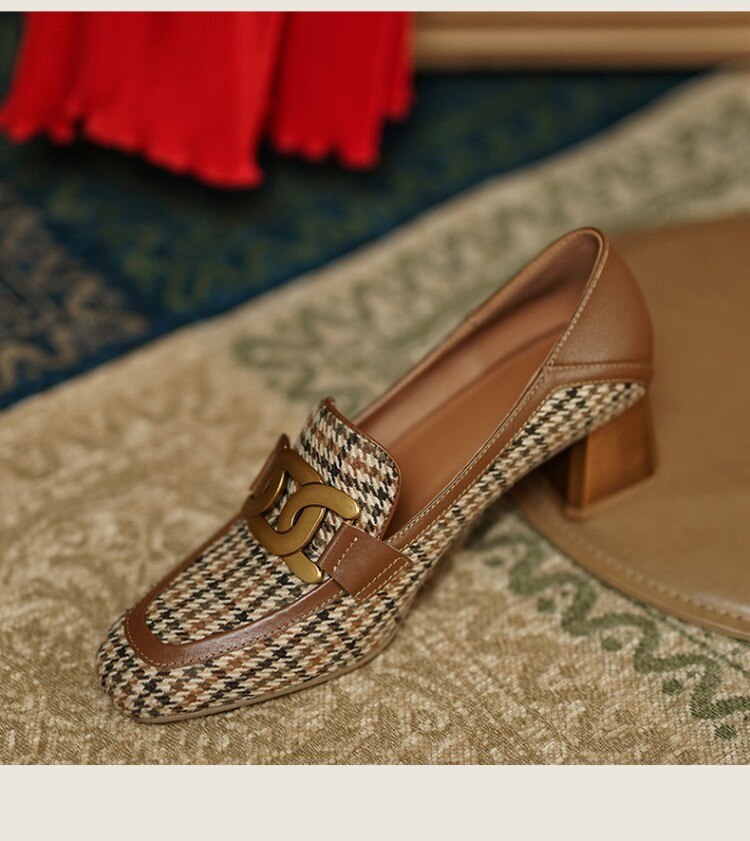 woloong  Spring/Autumn New Women Party Prom Square Heeled Pumps Basic Concise Pumps Cow Leather Brand Round Toe Loafers Woman