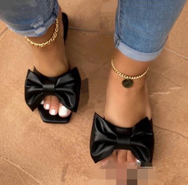 woloong  Spring/summer new outdoor flat leather bow non-slip beach lady slippers casual all-match fashion women sandals