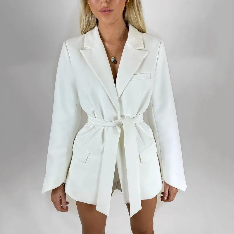 Office Ladies Blazer Dress Women Suits with Belt Outerwear Women's Jackets Long Sleeve Elegant White Black Jacket Female