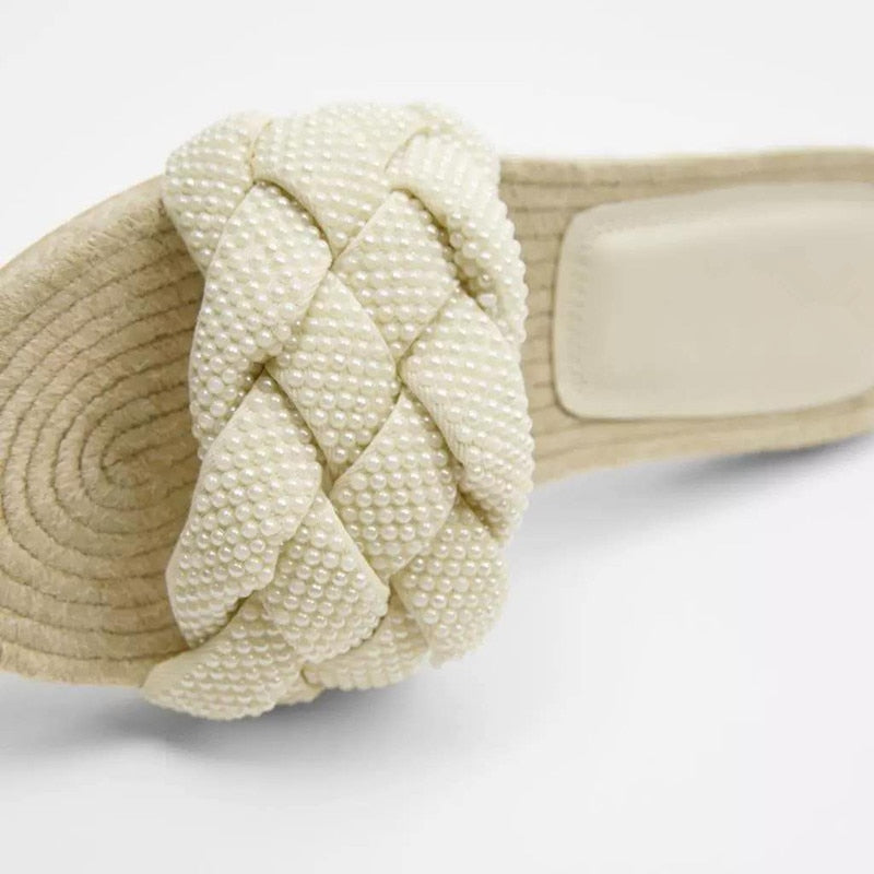 New Women's Slippers White Pearl Woven With Cotton And Linen Flat Bottom Outdoor Simple Versatile Soft Sole Sandals